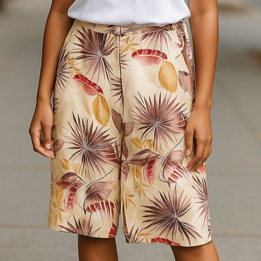 Tommy Bahama 100% Silk Peach Hawaiian Tropical Wide Leg Crop Pants size 12